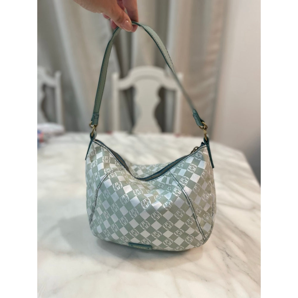 Fossil Mint Green White Monogram Canvas Shoulder Bag Leather Y2K Small Purse